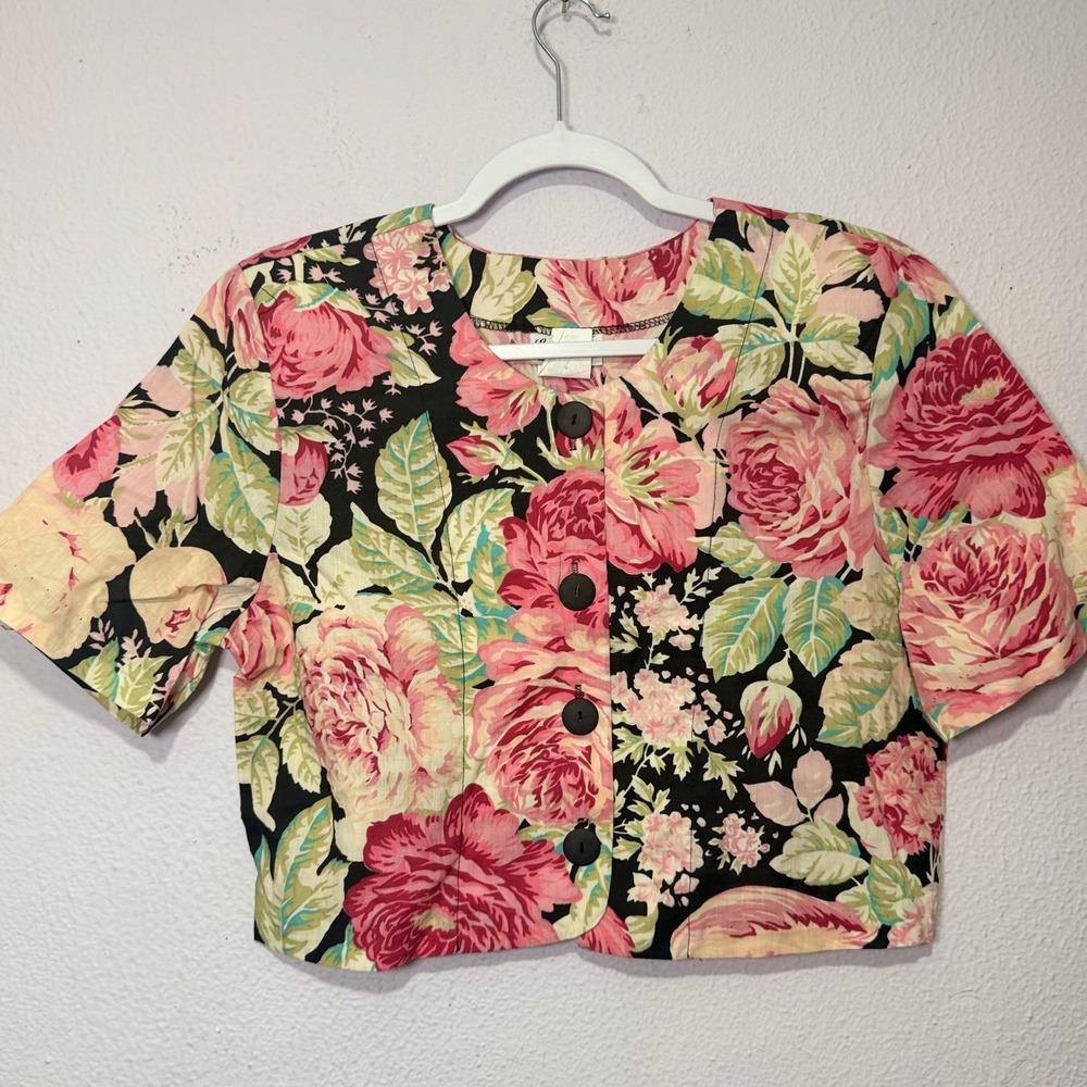 Vintage Enchante Floral Cropped Top Large Pink Multi Womens 90s Grunge Boho